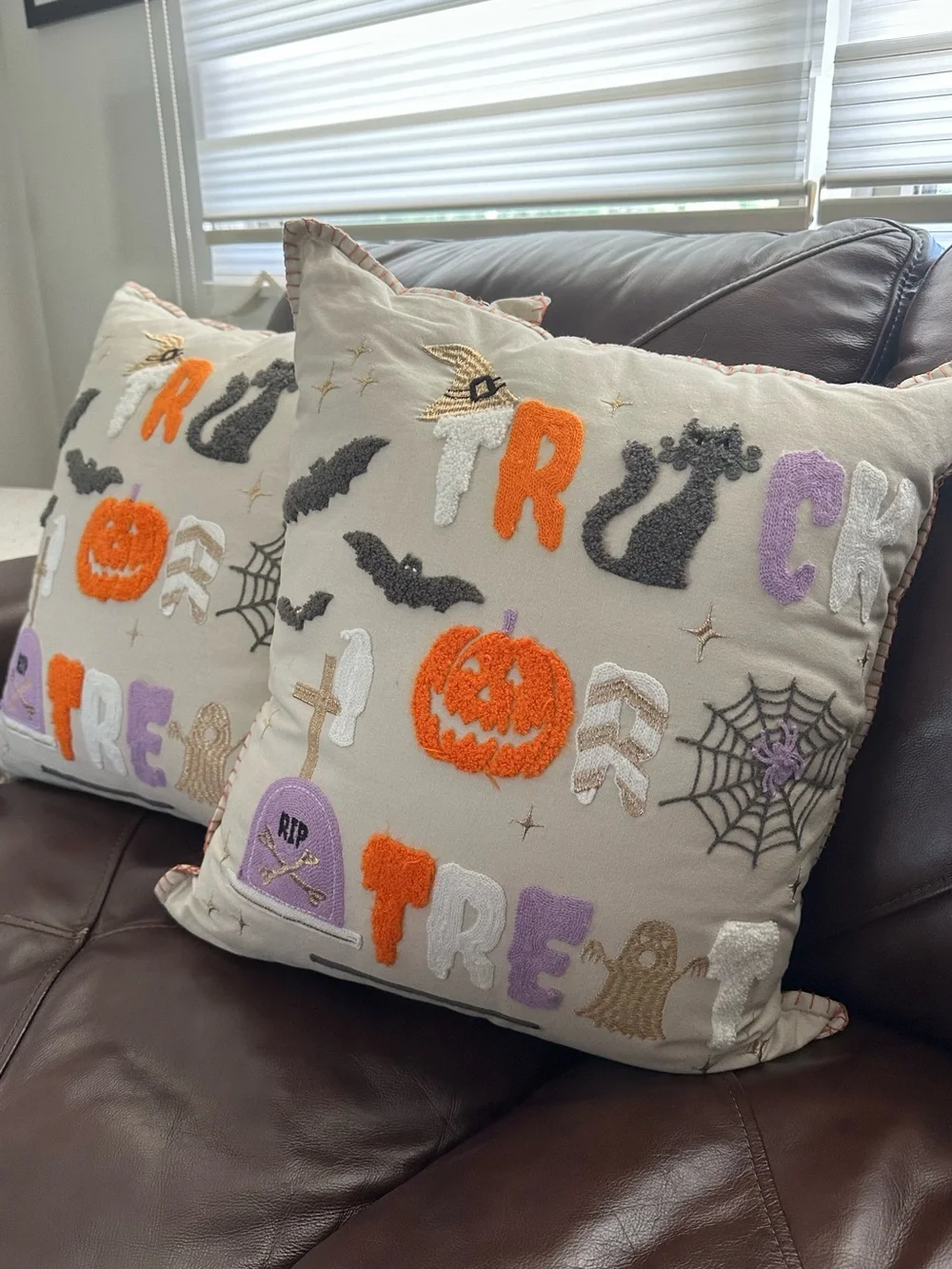 Halloween Embroidered Trick or Treat Toss Pillow Pair - Cream & Orange